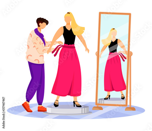 Fashion designer work flat color vector illustration. Dressing up famous people. Trying on new outfit for catwalk. Preparing model for runway isolated cartoon character on white background