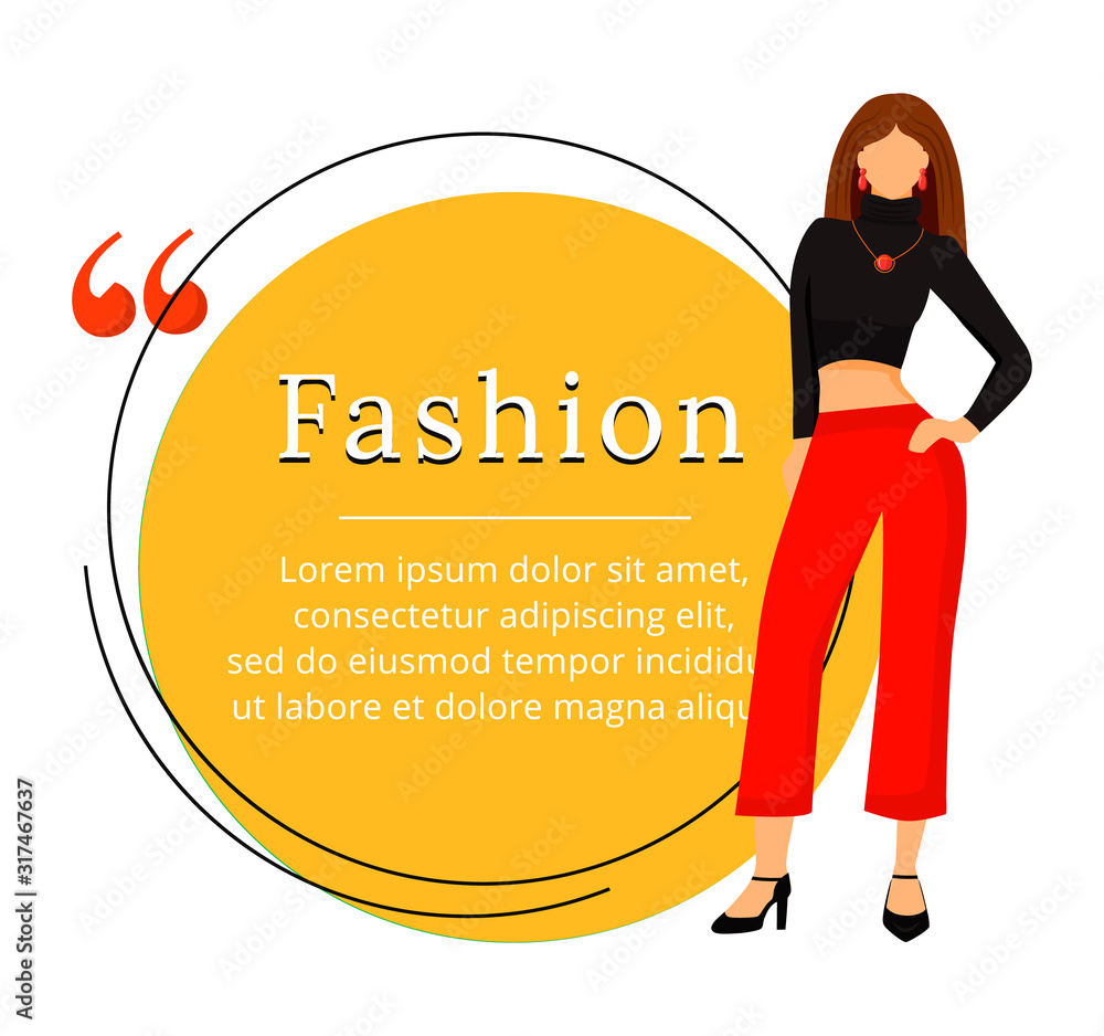 Fashion designer flat color vector character quote. Runway model outfit.  Individual tailoring. Creating fashion trends. Citation blank frame template.  Speech bubble. Quotation empty text box design Stock Vector | Adobe Stock