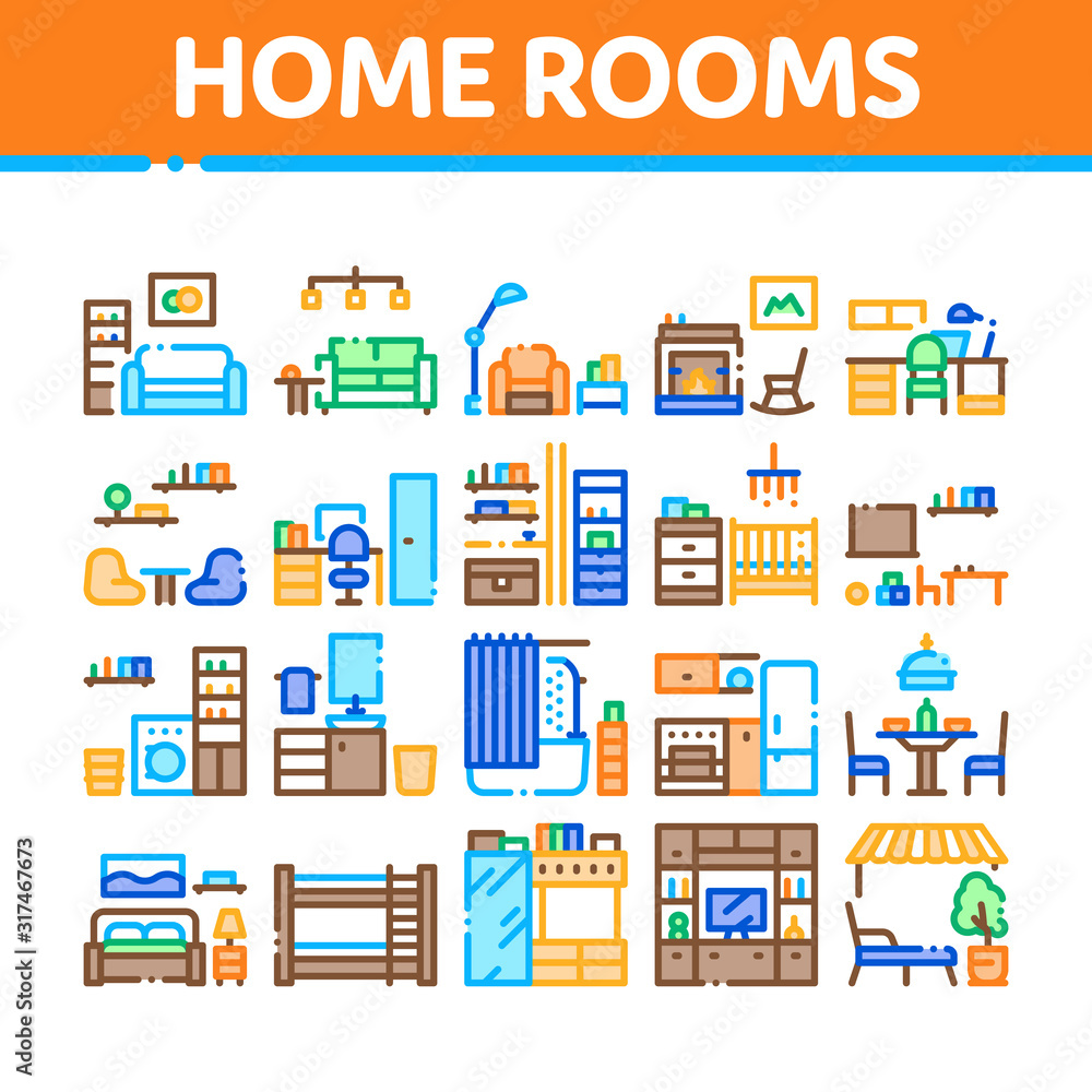 Home Rooms Furniture Collection Icons Set Vector Thin Line. Sofa And Table, Lamp And Chair, Fireplace And Rocking-chair Home Rooms Interior Concept Linear Pictograms. Color Contour Illustrations
