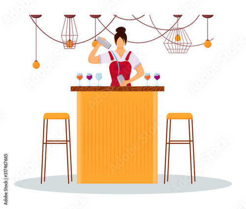 Woman bartender flat color vector illustration. Service staff in uniform at bar counter. Female hotel worker preparing cocktails. Barmaid with shaker isolated cartoon character on white background