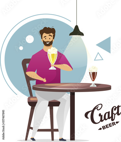 Craft beer production flat color vector illustration. Microbrewery. Small brewery. Homebrewer. Man with pint of beer at table. Guy in bar, pub. Isolated cartoon character on white background