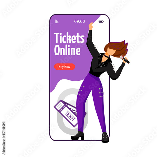 Tickets online cartoon smartphone vector app screen. Lead vocalist. Rock musician. Concert, gig. Event. Mobile phone display with flat character design mockup. Application telephone cute interface