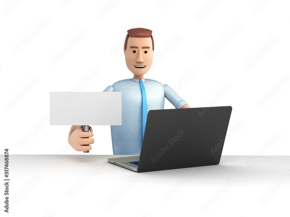proposal or search concept man in cartoon style sits by a laptop with a white sign in his hand 3d render on white proposal or search concept man in cartoon style sits by a laptop with a white sign in his hand 3d render on white