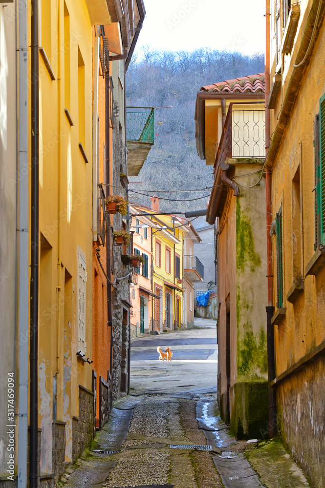 Roccamonfina, Italy, 02/11/2017. A narrow street between the old houses of a mountain village