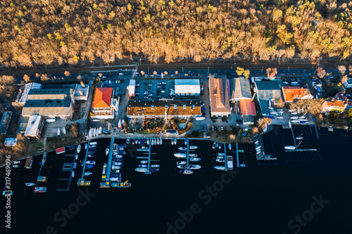 Photography drone photo of the moorings stop at harbor Muggelsee Berlin Friedrichshagen