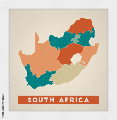 South Africa poster. Map of the country with colorful regions. Shape of South Africa with country name. Appealing vector illustration.