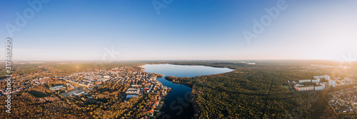 panorama drone photo of the Muggelsee Berlin Friedrichshagen at sunrise photo