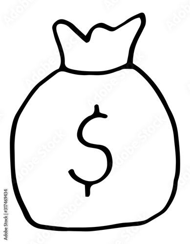 Vector illustration. Hand drawn doodle of bank bag with dollar sign. bank bag with dollar sign.