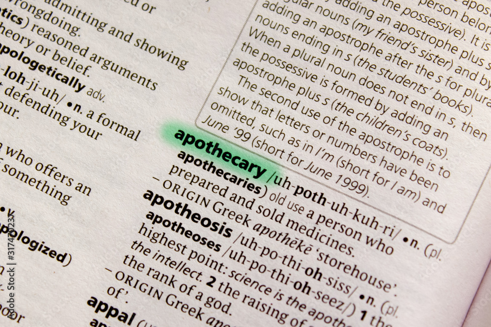 Fototapeta premium Apothecary word or phrase in a dictionary.