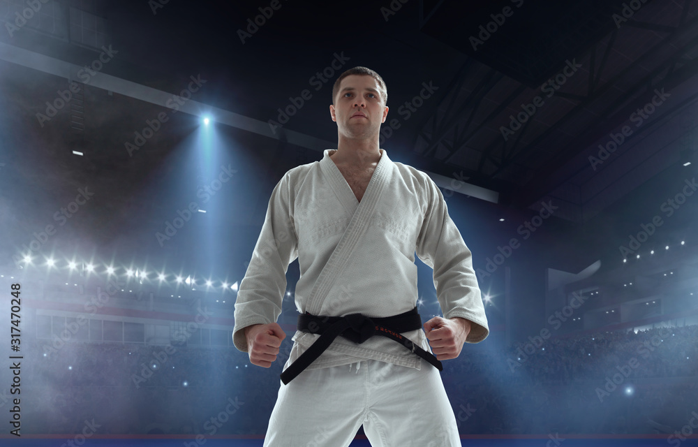 Karate fighters on tatami. Fighting Championship. Karate fighters on tatami. Fighting Championship.