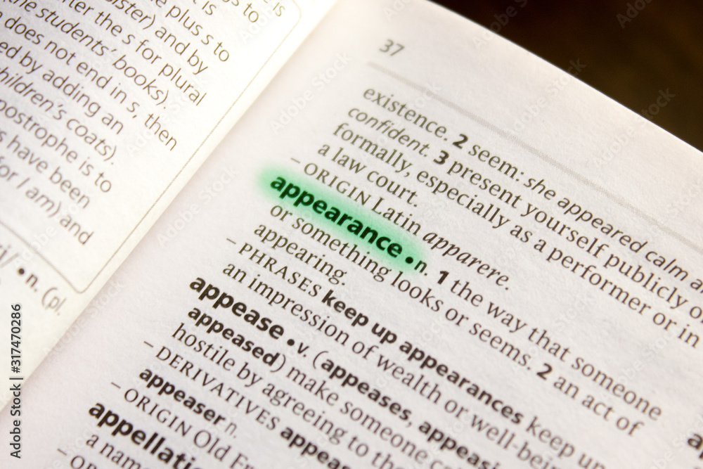 Appearance word or phrase in a dictionary. Appearance word or phrase in a dictionary.