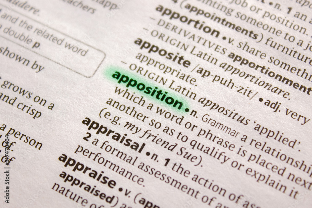 Apposition word or phrase in a dictionary. Apposition word or phrase in a dictionary.