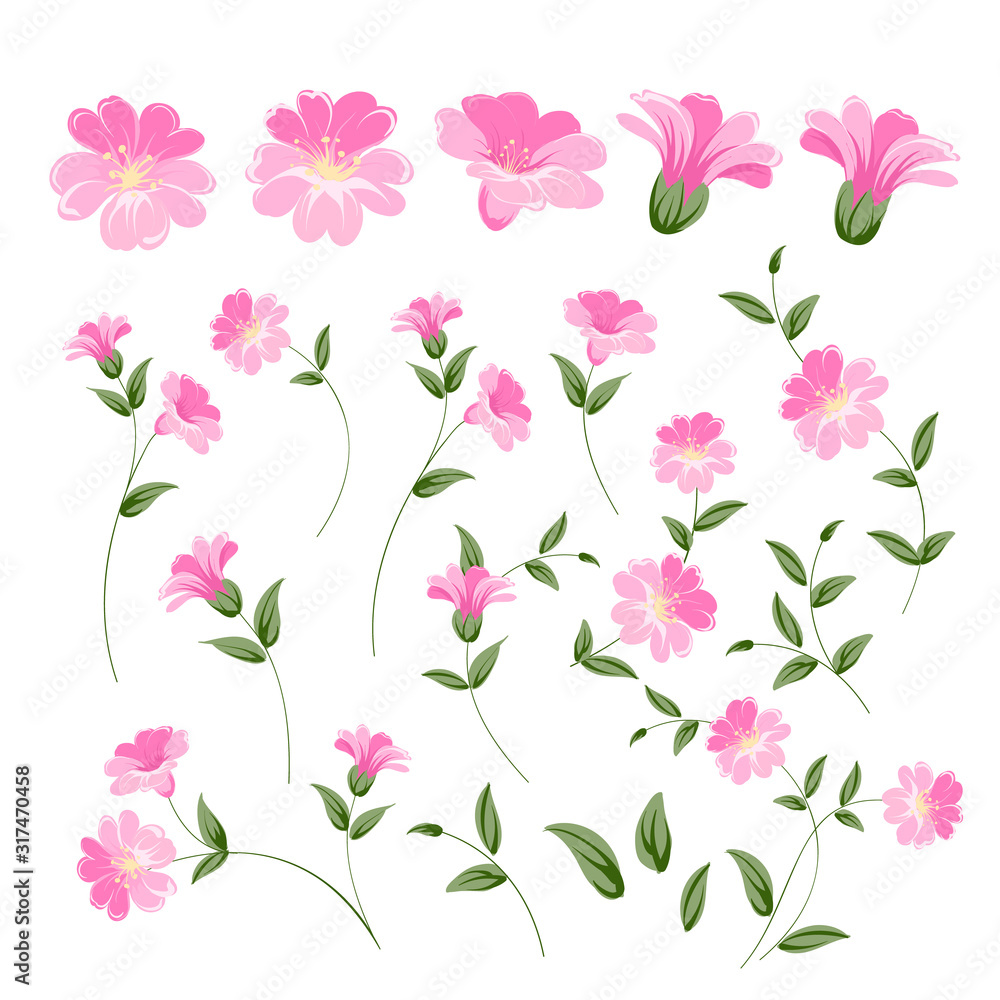Set of linum flower elements. Collection of flax flowers on a white background. Flower isolated against white. Beautiful set of flowers. Vector illustration.