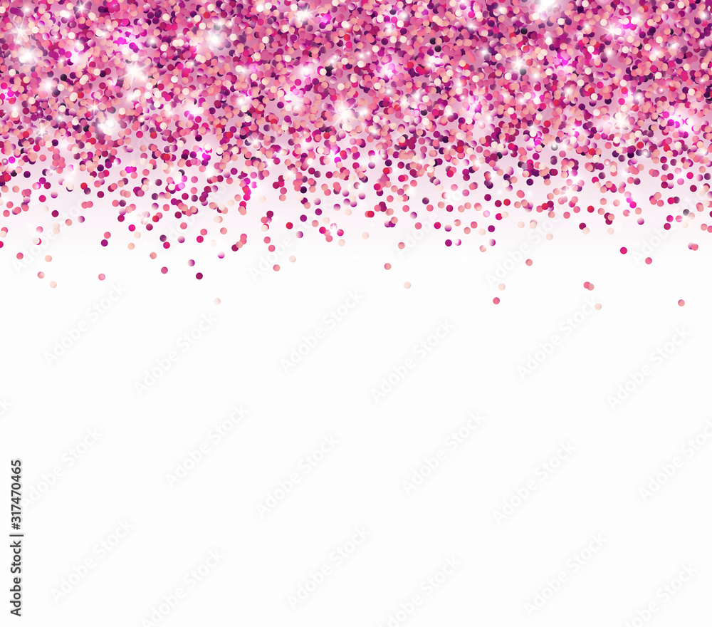 Pink glitter particles and light effect sparks isolated on white  background. Vector glow shimmer confetti texture for luxury card design.  Stock Vector