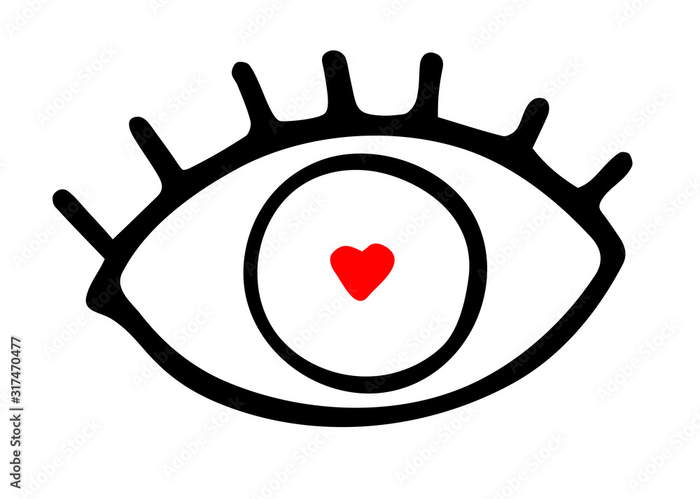 Hand-drawn black outline eye with eyelashes isolated on white background. Loving look with a red heart shaped pupil. Symbol of love, romance, Valentine's Day, wedding, feelings. Vector illustration Hand-drawn black outline eye with eyelashes isolated on white background. Loving look with a red heart shaped pupil. Symbol of love, romance, Valentine's Day, wedding, feelings. Vector illustration
