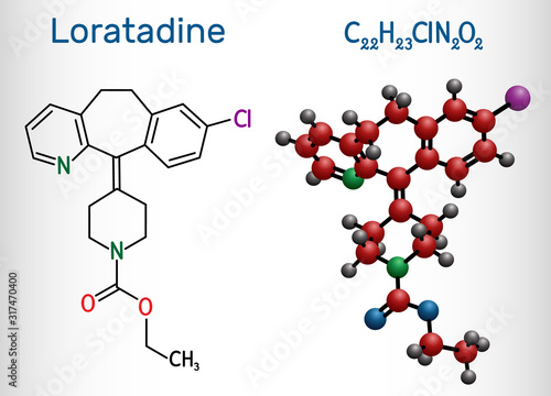 Loratadine C22H23ClN2O2 molecule. It is antihistamine, is used to treat allergies. Structural chemical formula and molecule model
