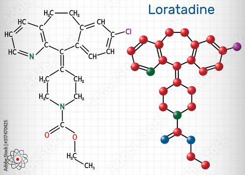 Loratadine C22H23ClN2O2 molecule. It is antihistamine, is used to treat allergies. Structural chemical formula and molecule model. Sheet of paper in a cage