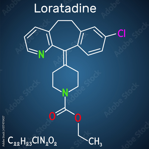 Loratadine C22H23ClN2O2 molecule. It is antihistamine, is used to treat allergies. Structural chemical formula on the dark blue background