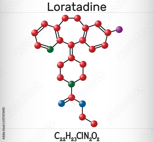 Loratadine C22H23ClN2O2 molecule. It is antihistamine, is used to treat allergies. Skeletal chemical formula photo