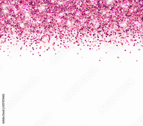 Pink glitter particles and light effect sparks isolated on white background. Vector glow shimmer confetti texture for luxury card design.
