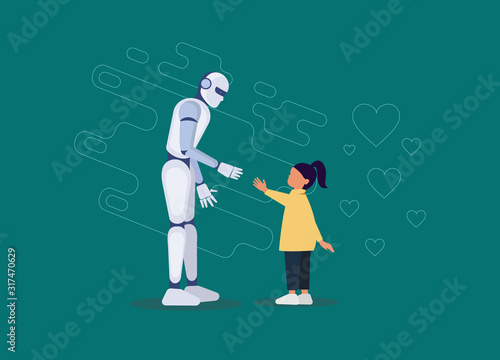 Robotic friend for a little girl flat. Robot holding a little girl hand. Futuristic assistant, nanny for children of a linear nature. The invention of artificial intelligence for child safety