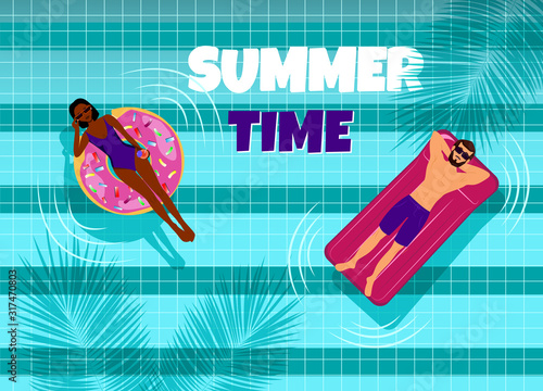 Summer, african american and guy in the pool. Couple sunbathing top view. Man and Woman swimming on inflatable floats in the pool. Beach Time