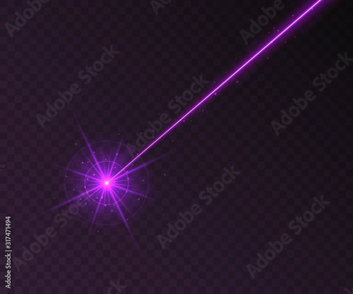 Purple laser beam light effect isolated on transparent background. Violet neon light ray with sparkles.