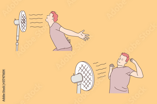 Young man with ventilator, coolness and freshness concept. Heat recovery, hot weather, cooling, climate control, room temperature regulation, boy with air conditioner. Simple flat vector