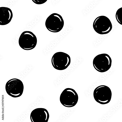 Seamless Scandinavian tangled pattern. Black outline messy hand-drawn circles isolated on a white background. Neutral dots ornament. Vector stock illustration for wallpaper, wrapping paper, textiles