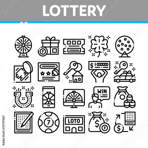 Lottery Gambling Game Collection Icons Set Vector Thin Line. Human Win Lottery And Hold Check, Car Key And Money Bag, Fortune Wheel And Loto Concept Linear Pictograms. Monochrome Contour Illustrations