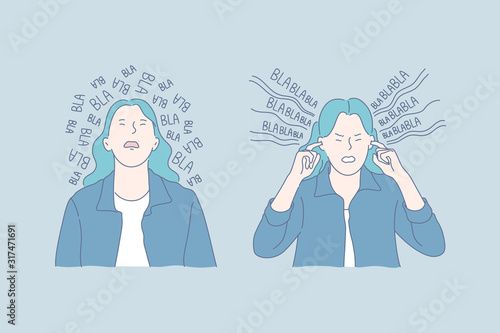 Mental health, gossip, stress set concept. Young woman is tired of gossips all around and plugs her ears. Tired girl has weak mental health. Informative noise can raise stress level Simple flat vector