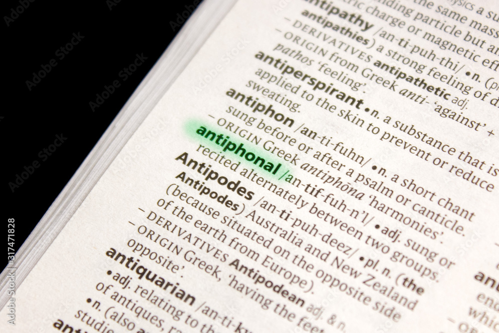 Antiphonal word or phrase in a dictionary. Antiphonal word or phrase in a dictionary.