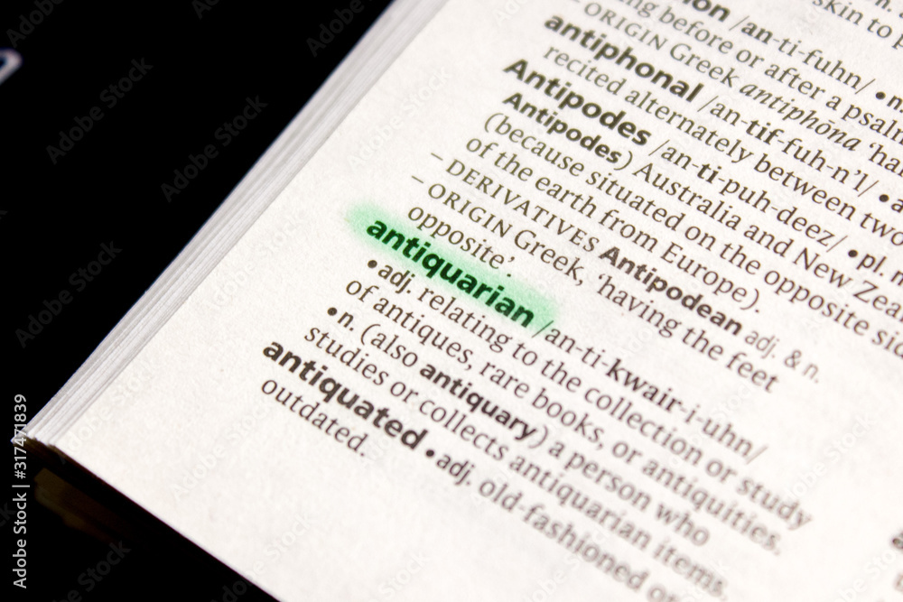 Antiquarian word or phrase in a dictionary.