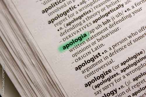 Apologia word or phrase in a dictionary. photo