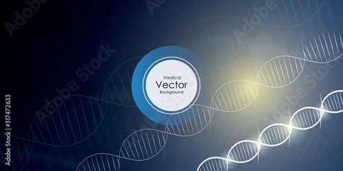 Science concept image of human hand touching DNA. Blue light abstraction of digital art. Vector illustration.
