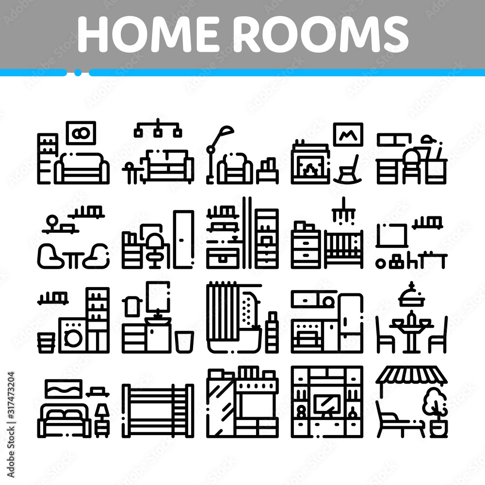 Home Rooms Furniture Collection Icons Set Vector Thin Line. Sofa And Table, Lamp And Chair, Fireplace And Rocking-chair Home Rooms Interior Concept Linear Pictograms. Monochrome Contour Illustrations