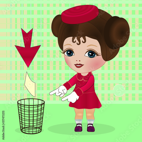 Emoticon with a cool girl that points with an index finger to the urn where it is necessary to throw garbage, vector color emoji