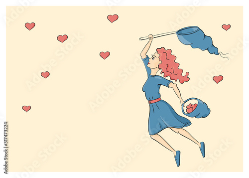 woman catching hearts with a net