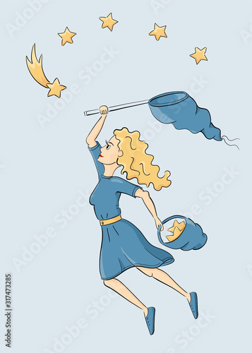 woman flying catching stars with a fishing net