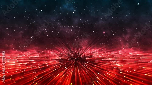 Light show of bright and rotating particles and red rays of light in dark space photo