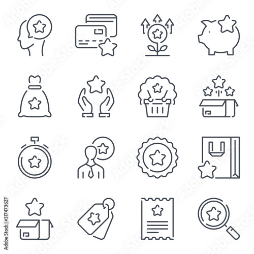 Loyalty program and Customer reward service related line icon set. Client bonuses linear icons. Coupon and point tickets outline vector sign collection.