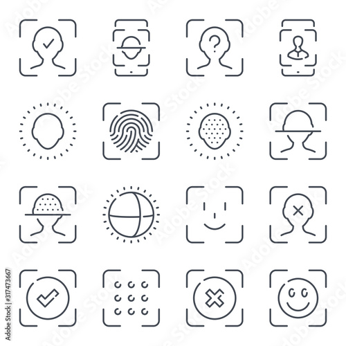 Face identification and recognition related line icon set. Technology scan access protection linear icons. Biometric authentication outline vector sign collection.