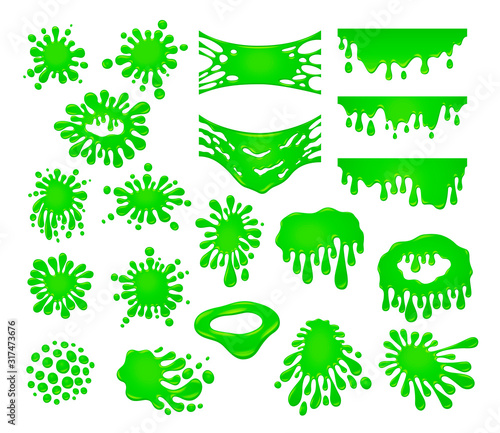 Green slime splatters flat vector illustrations set