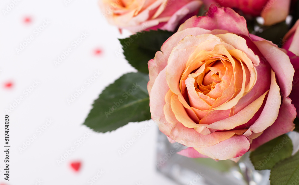 Pink roses and heart shape ornaments on white background Pink roses and heart shape ornaments on white background