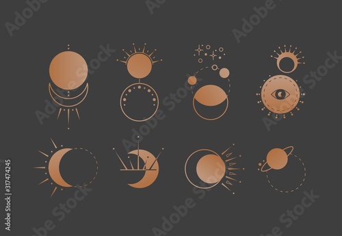 Various Abstract Moon, Crescent, planet, orbit. Cool Vector simple icons, logos. Retro, vintage Boho style. Astrology esoteric concept. Tattoo ideas. Golden gradient color. All elements are isolated