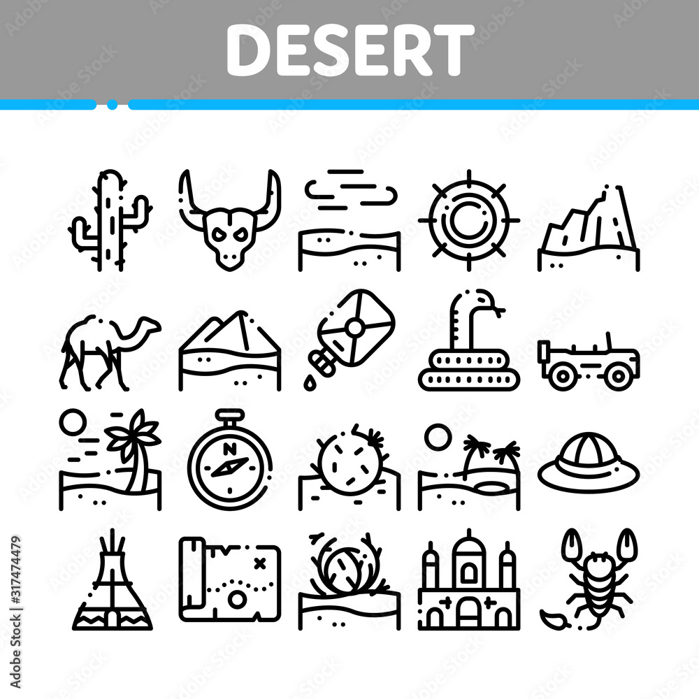Desert Sandy Landscape Collection Icons Set Vector Thin Line. Desert Sand Dune, Snake And Camel, Car And Scorpion, Compass And Ox Skull Concept Linear Pictograms. Monochrome Contour Illustrations