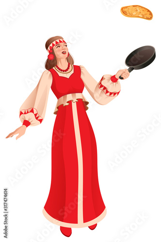 Maslenitsa russian young woman in traditional national dress bakes pancakes. Russian holiday Shrovetide cartoon
