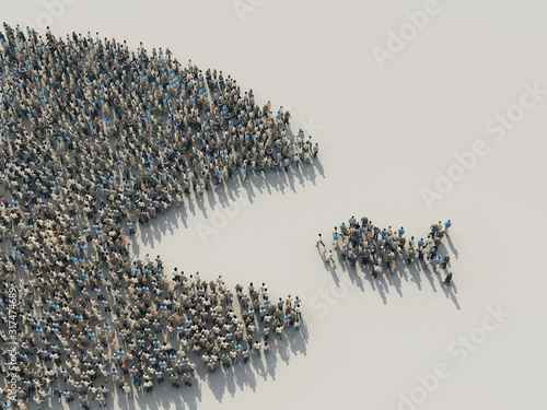 Valokuva a large crowd of people in the shape of a fish hunts for a small