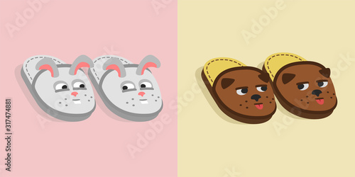 Home shoes Slippers vector illustration. A pair of mens and womens footwear, an element of home clothing. Slippers icons set flat vector illustration.