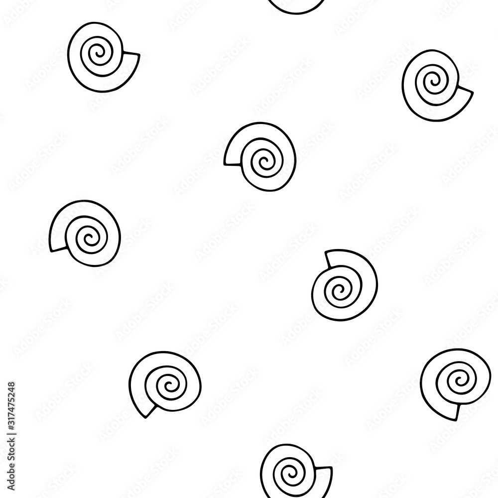 Seashells seamless vector summer pattern. Black outline sea snails isolated on a white background. Illustration with random shells for wallpaper, wrapping paper, textiles, summer decoration, clothes